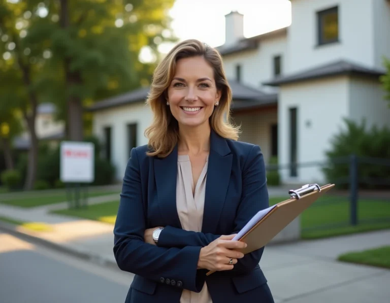 Agent immobilier devant une maison moderne à vendre dans un quartier résidentiel calme