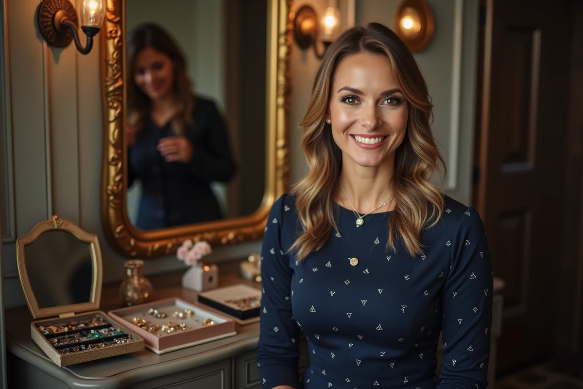 Présentatrice télévision en robe marine assise à une coiffeuse backstage pendant les préparatifs de tournage