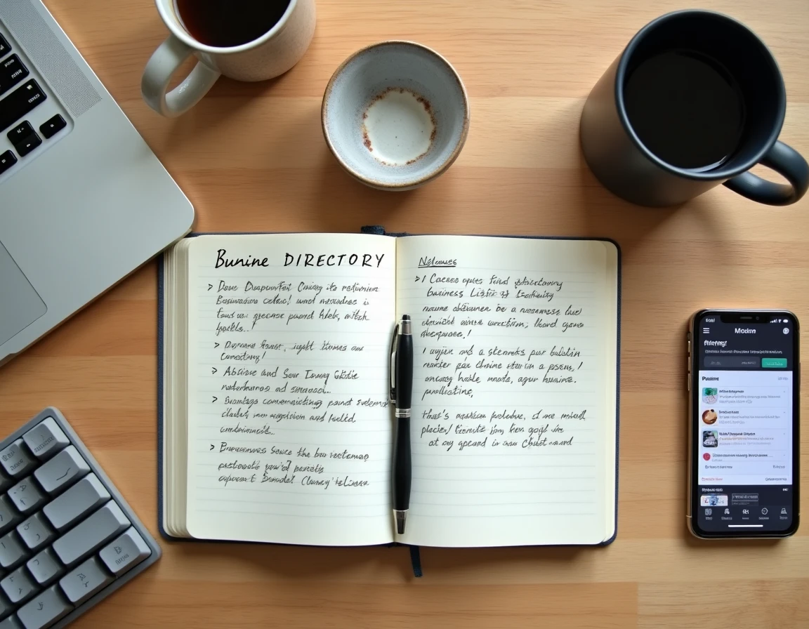 Vue aérienne d'un bureau avec un carnet de notes sur les stratégies d'annuaires en ligne, un smartphone affichant une fiche d'entreprise et un clavier mécanique