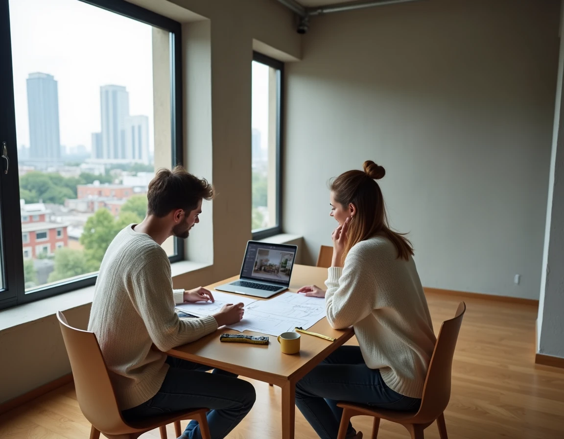 Couple de jeunes acheteurs consultant des plans immobiliers dans un appartement vide à rénover