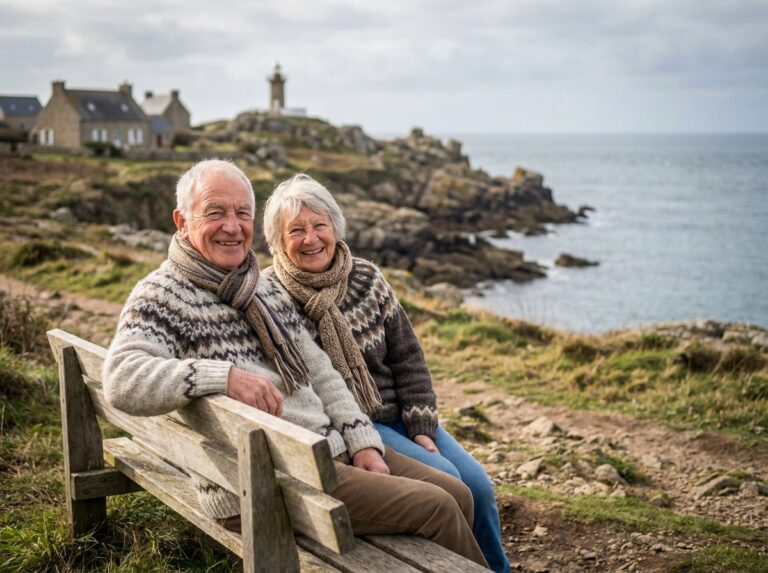 Couple senior souriant sur un banc face à la côte bretonne