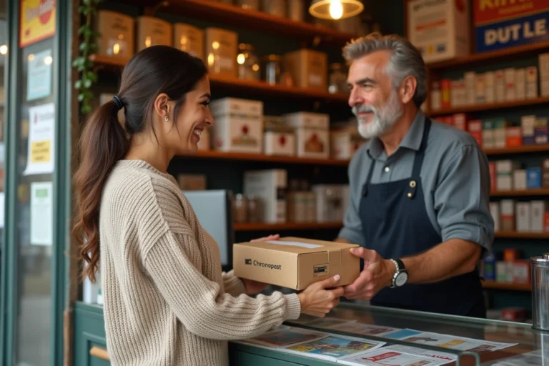Une femme dépose un colis Chronopost au comptoir d'un bureau de tabac servant de point relais