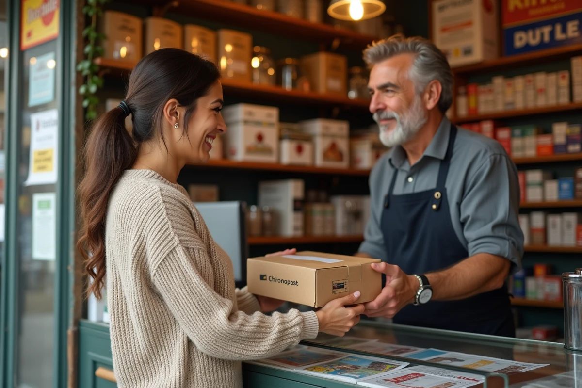Une femme dépose un colis Chronopost au comptoir d'un bureau de tabac servant de point relais