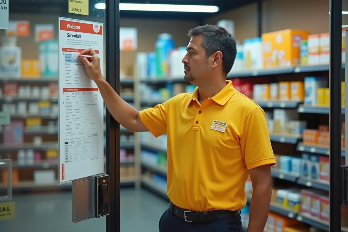 Employé de magasin affichant les nouveaux horaires d'ouverture du dimanche à l'entrée d'un Gifi