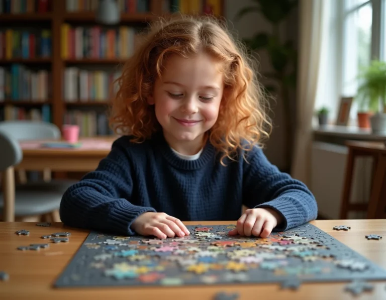 Jeune fille concentrée en train de assembler un puzzle complexe sur une table en bois dans un salon familial chaleureux