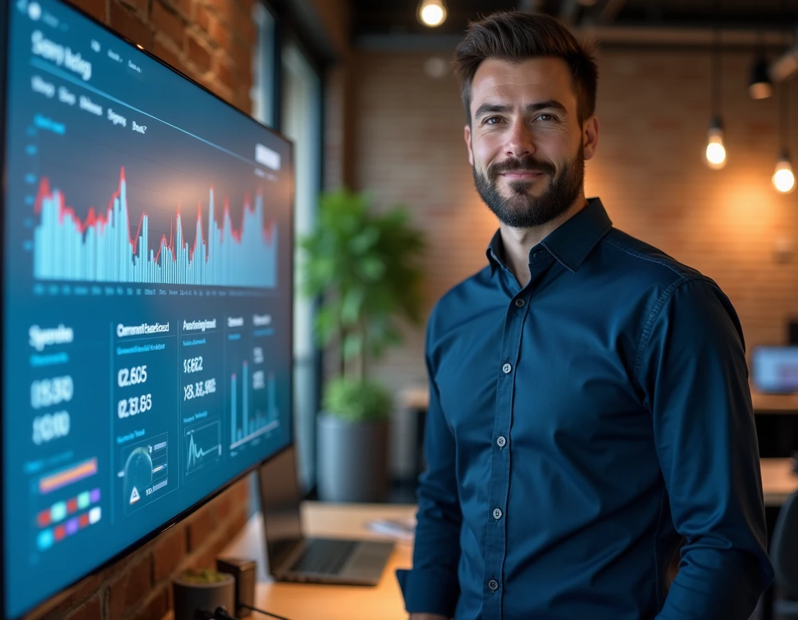Entrepreneur masculin analysant des statistiques de référencement et d'annuaires professionnels en ligne sur un grand écran dans un espace de coworking
