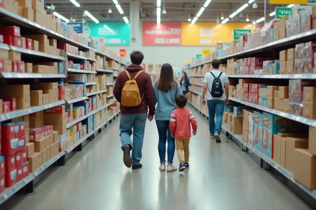 Famille faisant ses courses dans un magasin Gifi ouvert le dimanche, rayons décoration maison