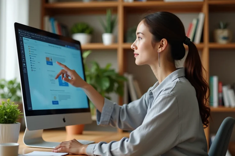 Femme consultant un plan de site web sur un écran d'ordinateur dans un bureau moderne
