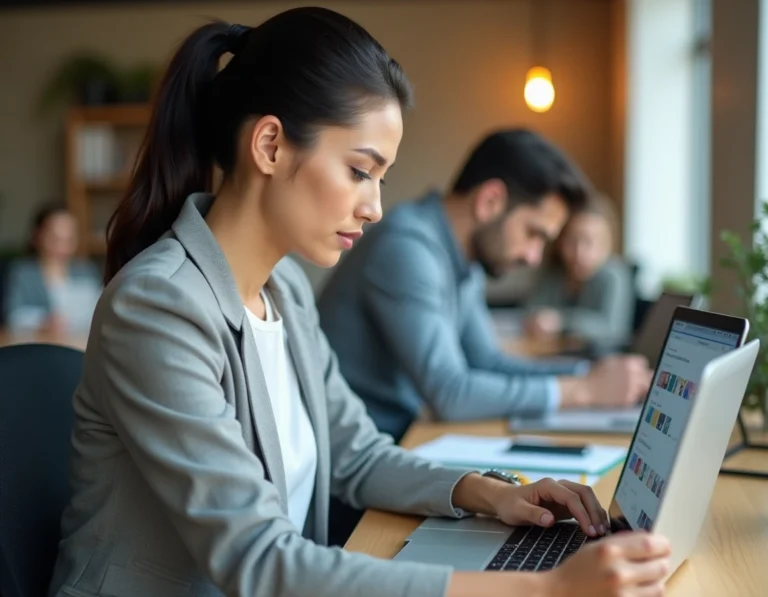 Femme professionnelle consultant un annuaire en ligne sur son ordinateur portable dans un bureau moderne pour améliorer la visibilité de son entreprise