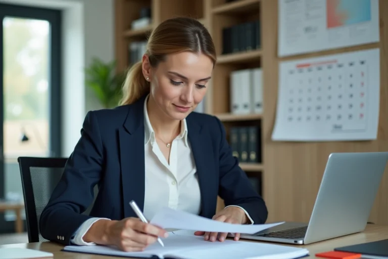 Femme professionnelle consultant un calendrier 2026 dans un bureau corporate élégant, préparant les étapes du certificat LVMH