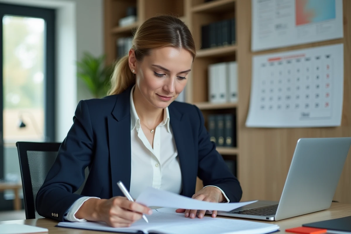 Femme professionnelle consultant un calendrier 2026 dans un bureau corporate élégant, préparant les étapes du certificat LVMH