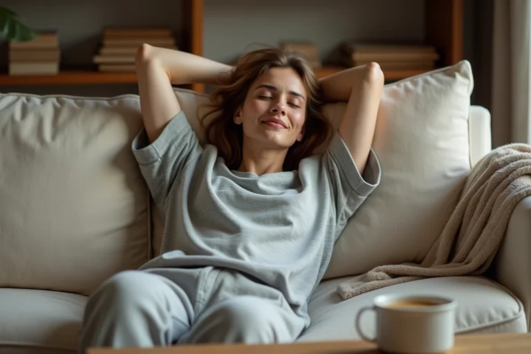 Femme qui se réveille d'une sieste sur un canapé et ressent la faim