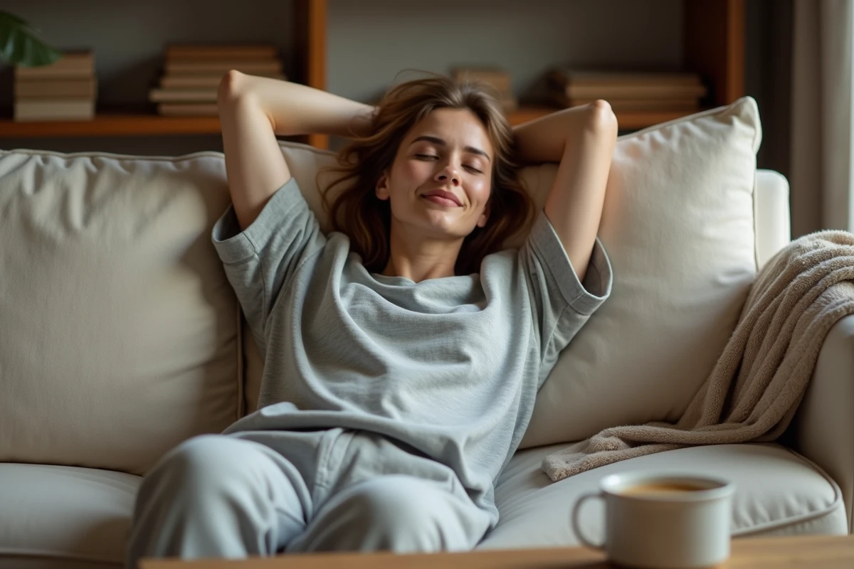 Femme qui se réveille d'une sieste sur un canapé et ressent la faim