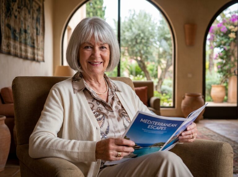 Femme senior souriante en intérieur dans un salon élégant