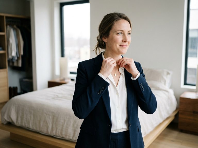 Femme élégante en blazer navy et collier or