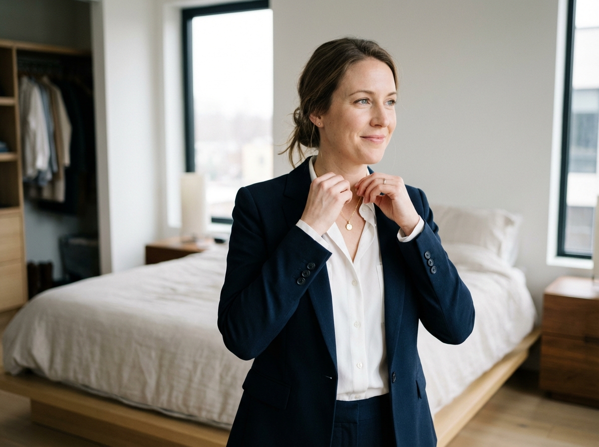 Femme élégante en blazer navy et collier or