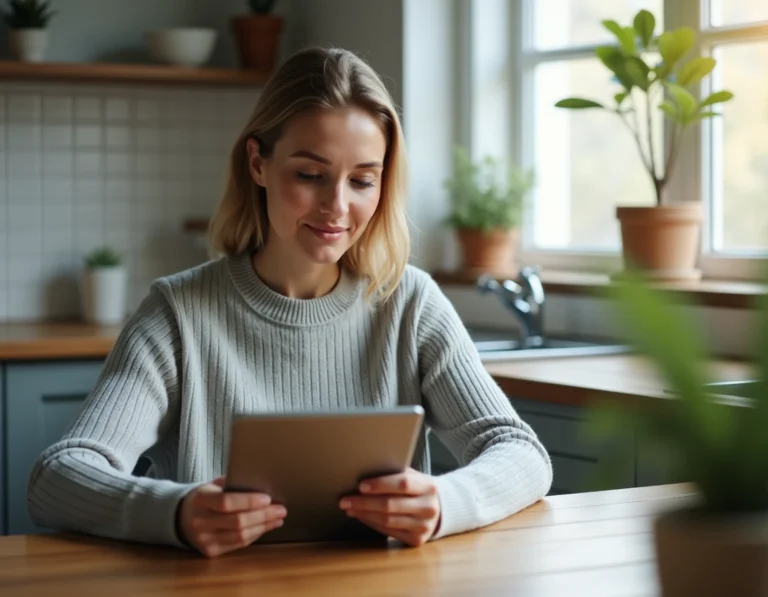 Femme utilisant une tablette pour télécharger une application à la maison, guide Mon Proxima