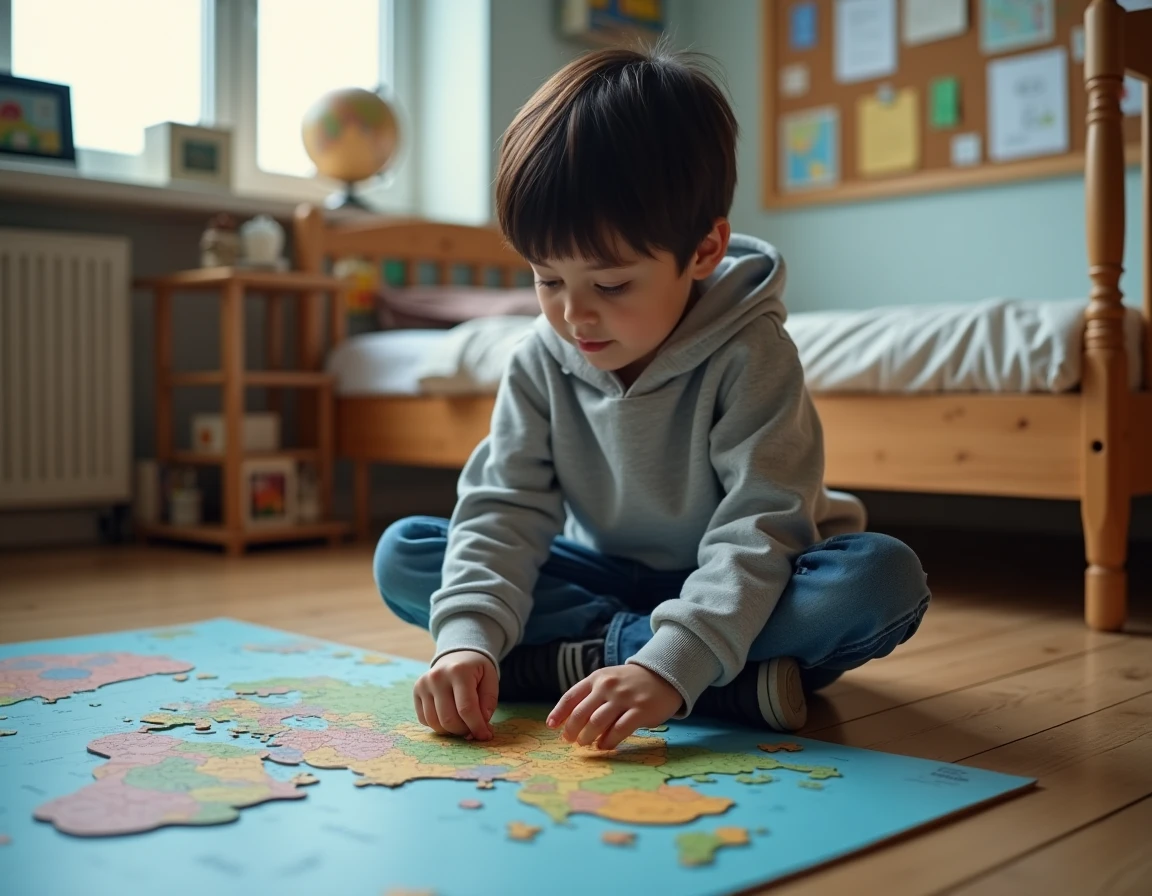 Garçon de 10 ans assis sur le sol de sa chambre entouré des pièces d'un grand puzzle carte du monde, en pleine réflexion