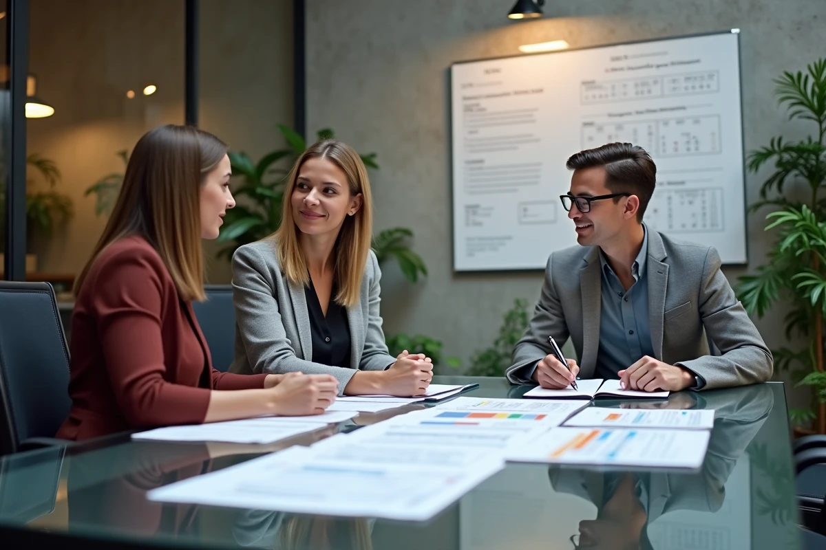 Groupe de professionnels discutant du calendrier et des étapes clés du certificat LVMH 2026 autour d'une table de réunion moderne