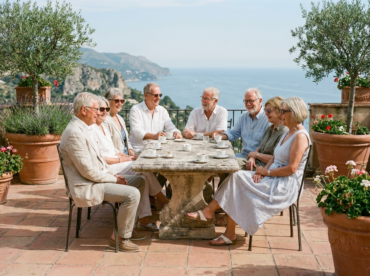 Groupe de seniors discutant sur une terrasse ensoleillee