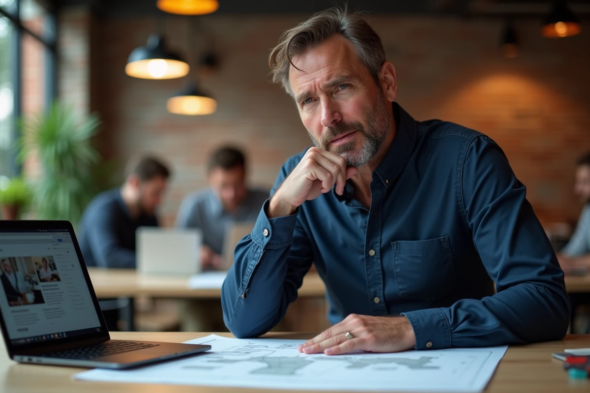 Homme analysant un plan de site imprimé dans un espace de coworking