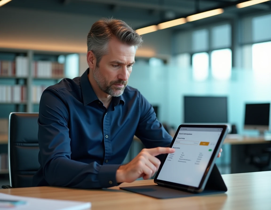 Homme configurant une application sur tablette dans un bureau professionnel, tutoriel Mon Proxima