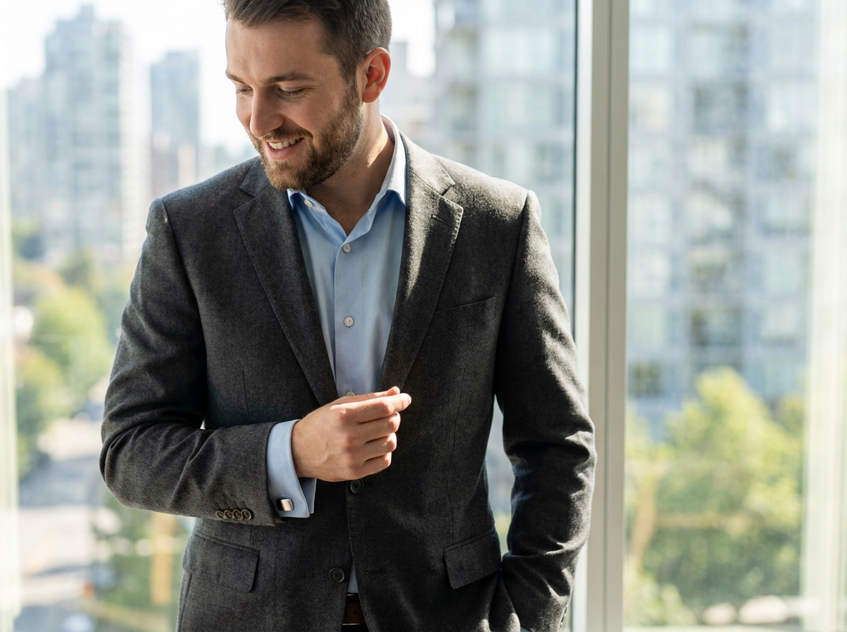 Homme en costume regardant sa manche et la boutonniere