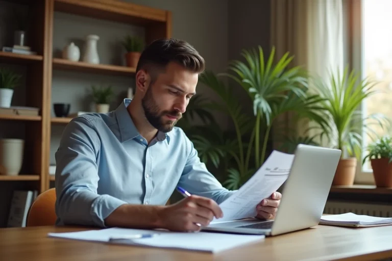 Homme en tenue décontractée étudiant des documents immobiliers