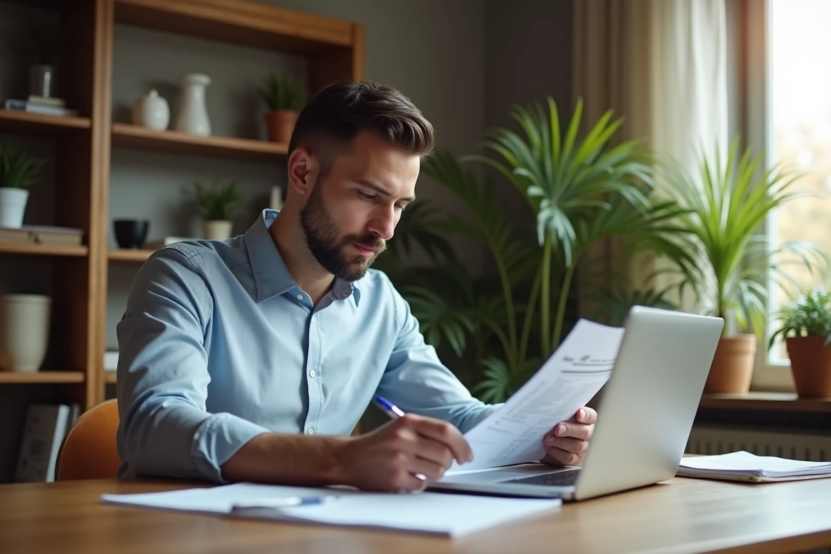 Homme en tenue décontractée étudiant des documents immobiliers
