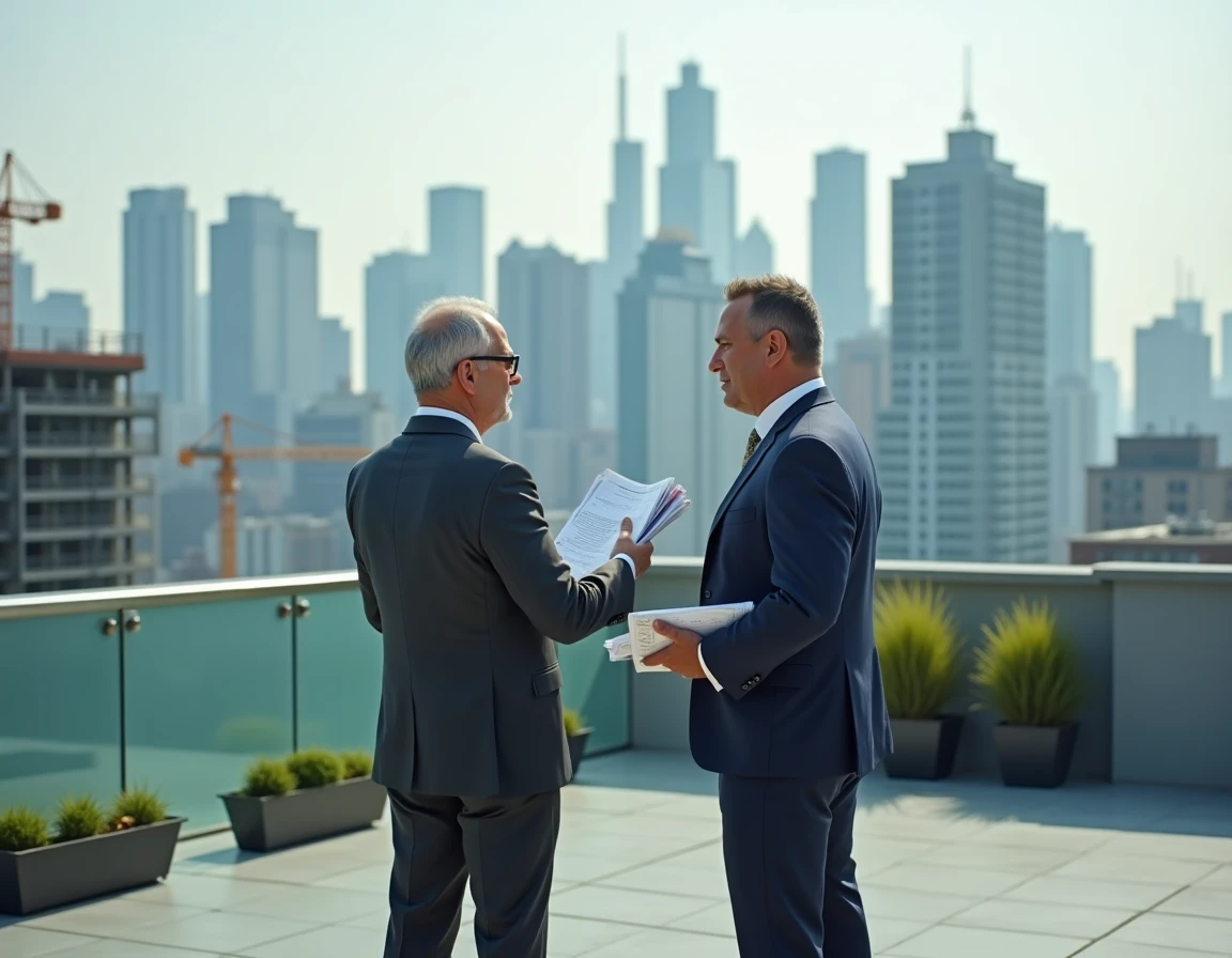 Investisseur immobilier sur une terrasse urbaine observant le panorama de la ville et les tendances du marché