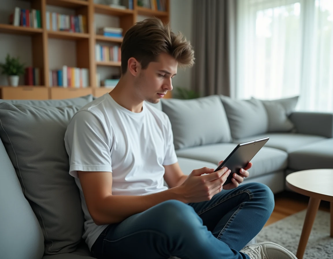 Jeune adulte installant l'application Mon Proxima sur une tablette dans un salon moderne