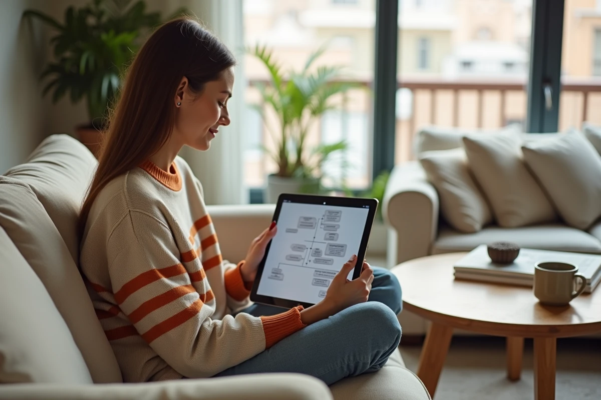 Jeune femme explorant un plan de site sur une tablette dans un salon cosy
