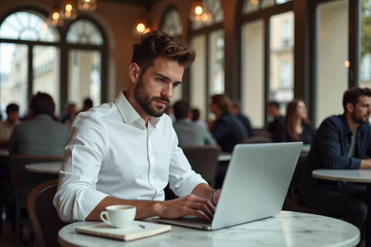 Jeune homme planifiant les dates clés du certificat LVMH 2026 dans un café parisien avec un carnet et un ordinateur portable