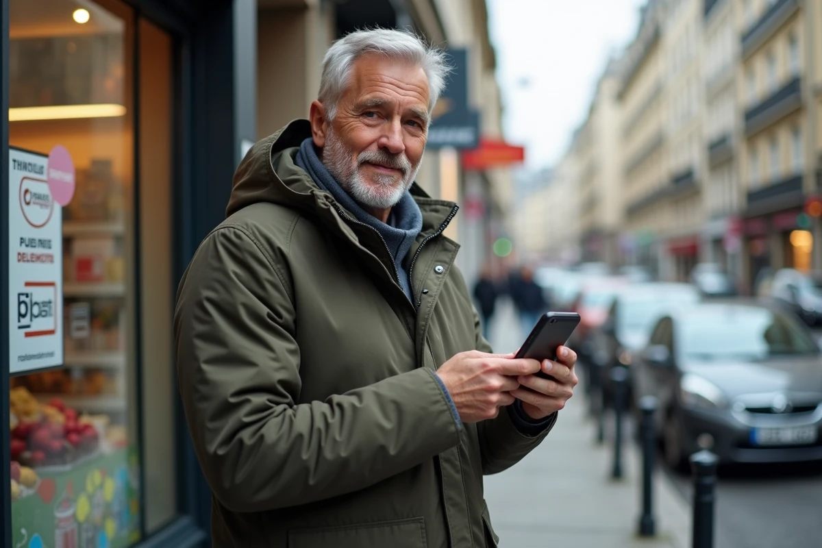 Un homme consulte son smartphone pour localiser un point relais Chronopost dans sa rue