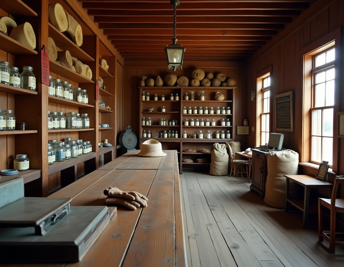 Intérieur d'un magasin général américain du XIXe siècle avec étagères en bois, bocaux en verre et comptoir en chêne, dans l'esprit de La Petite Maison dans la Prairie