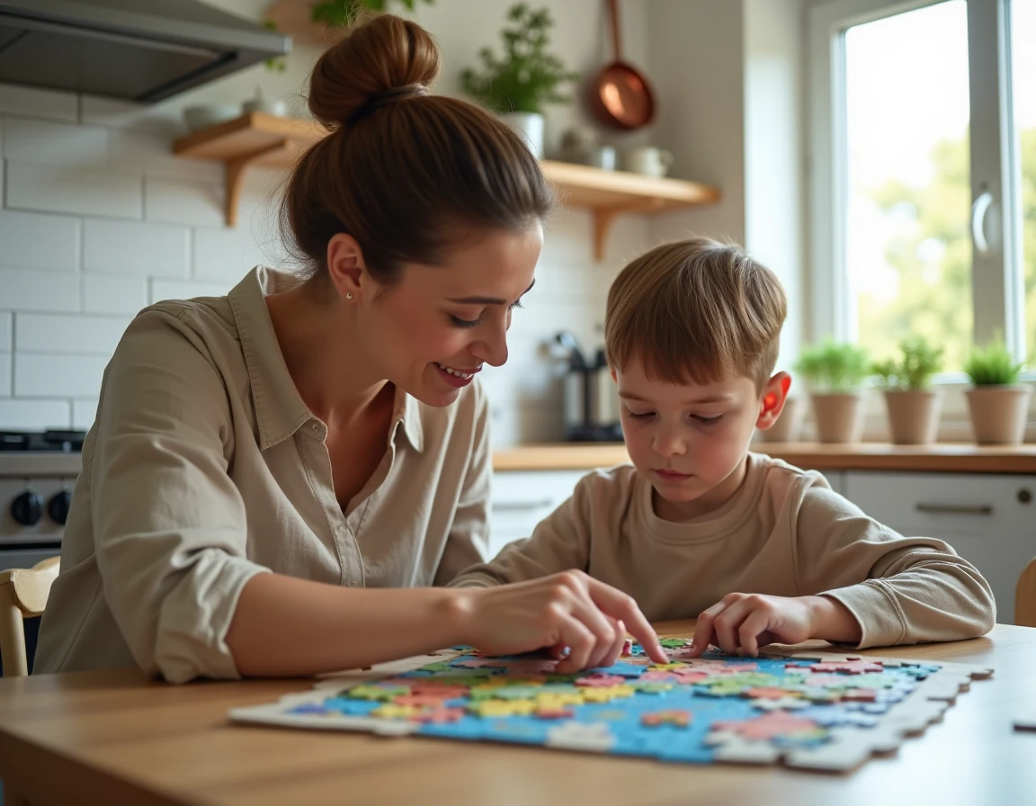 Une mère et son jeune fils travaillant ensemble sur un puzzle coloré à la table de cuisine, illustrant le soutien parental au développement de l'enfant doué