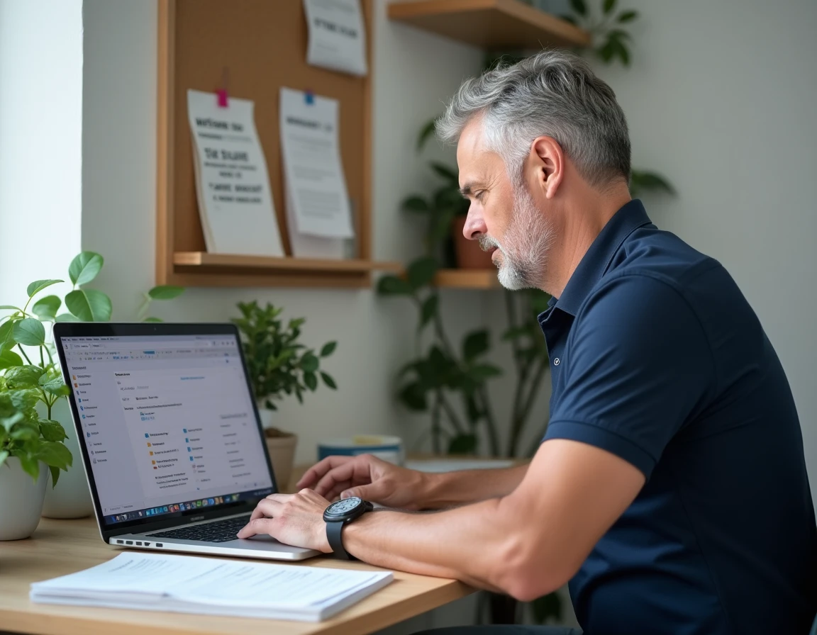 Homme organisant des fichiers logo SST INRS sur ordinateur portable dans un bureau à domicile avec documents imprimés