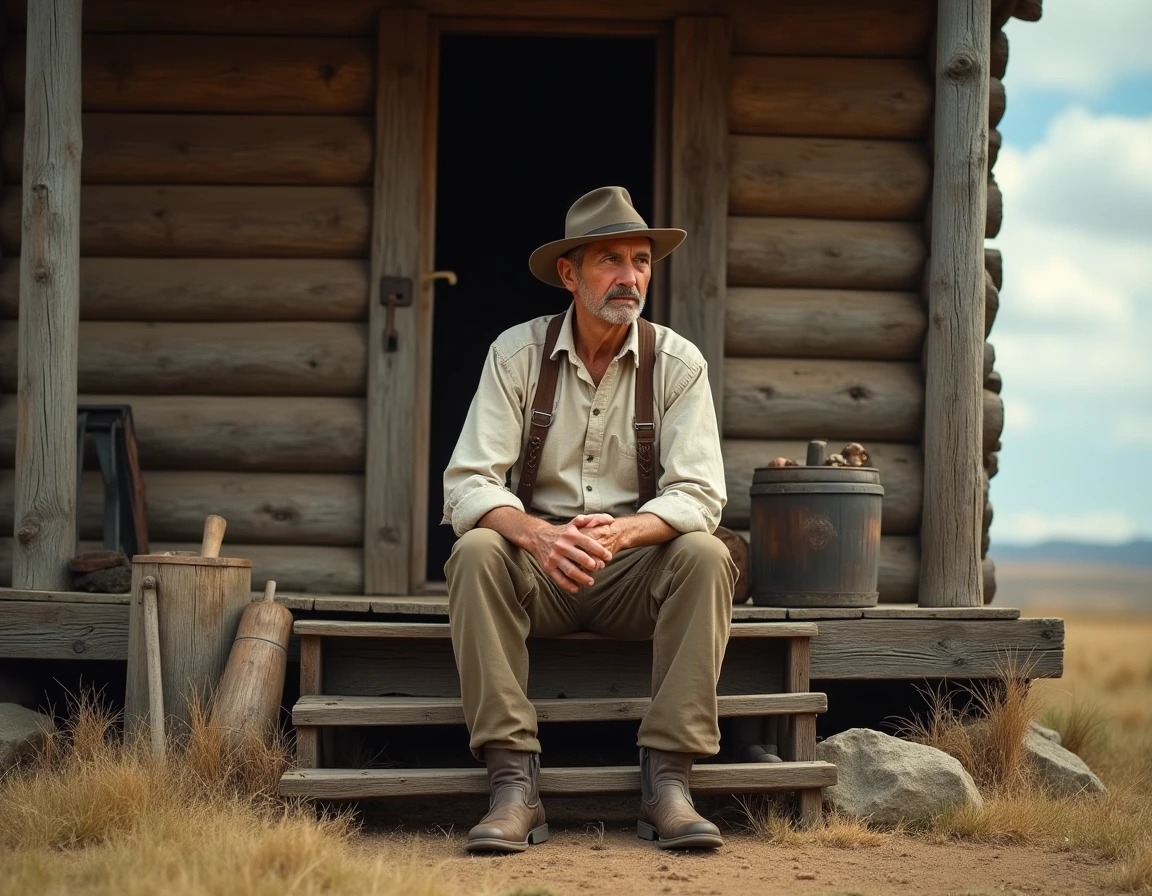 Homme en tenue de pionnier du XIXe siècle assis sur les marches d'une cabane en rondins, dans le style de l'univers western de La Petite Maison dans la Prairie