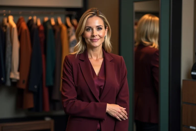 Présentatrice TV élégante en veste bordeaux dans une loge de tournage entourée de portants de vêtements