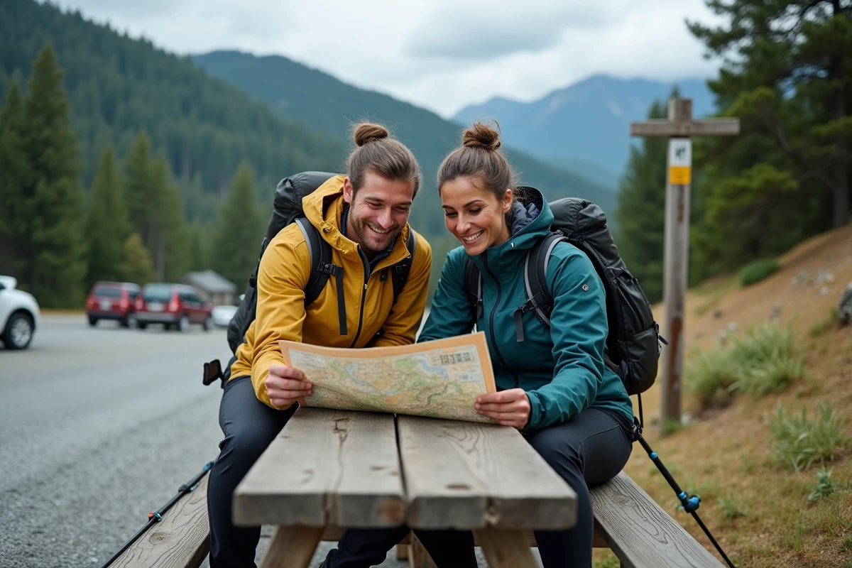 Deux randonneurs équipés consultant une carte topographique avant une sortie en montagne