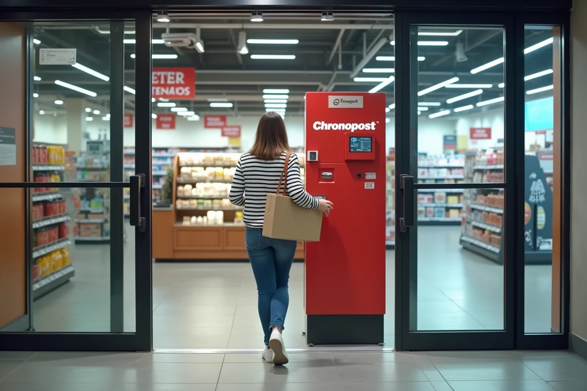 Une jeune femme récupère un colis dans une consigne Chronopost automatique à l'entrée d'un supermarché
