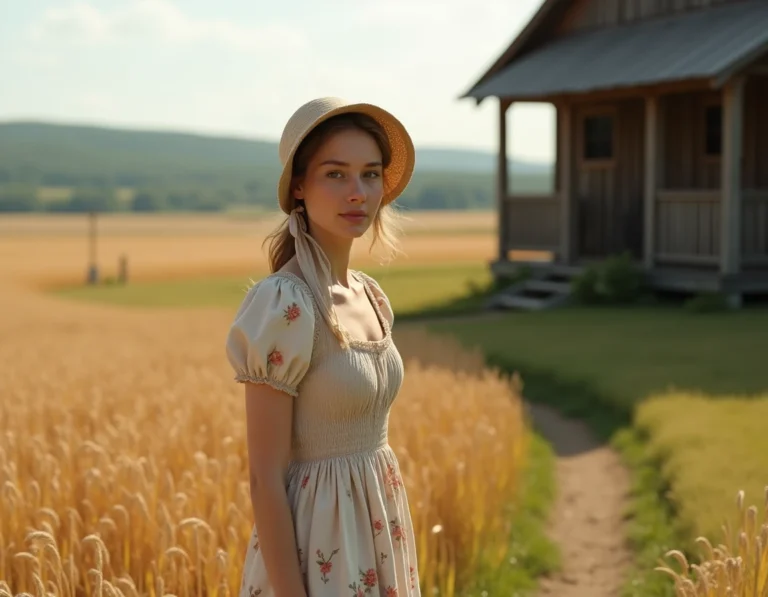 Jeune femme en robe pionnière dans un champ de blé doré devant une ferme en bois rustique, évoquant l'univers de La Petite Maison dans la Prairie