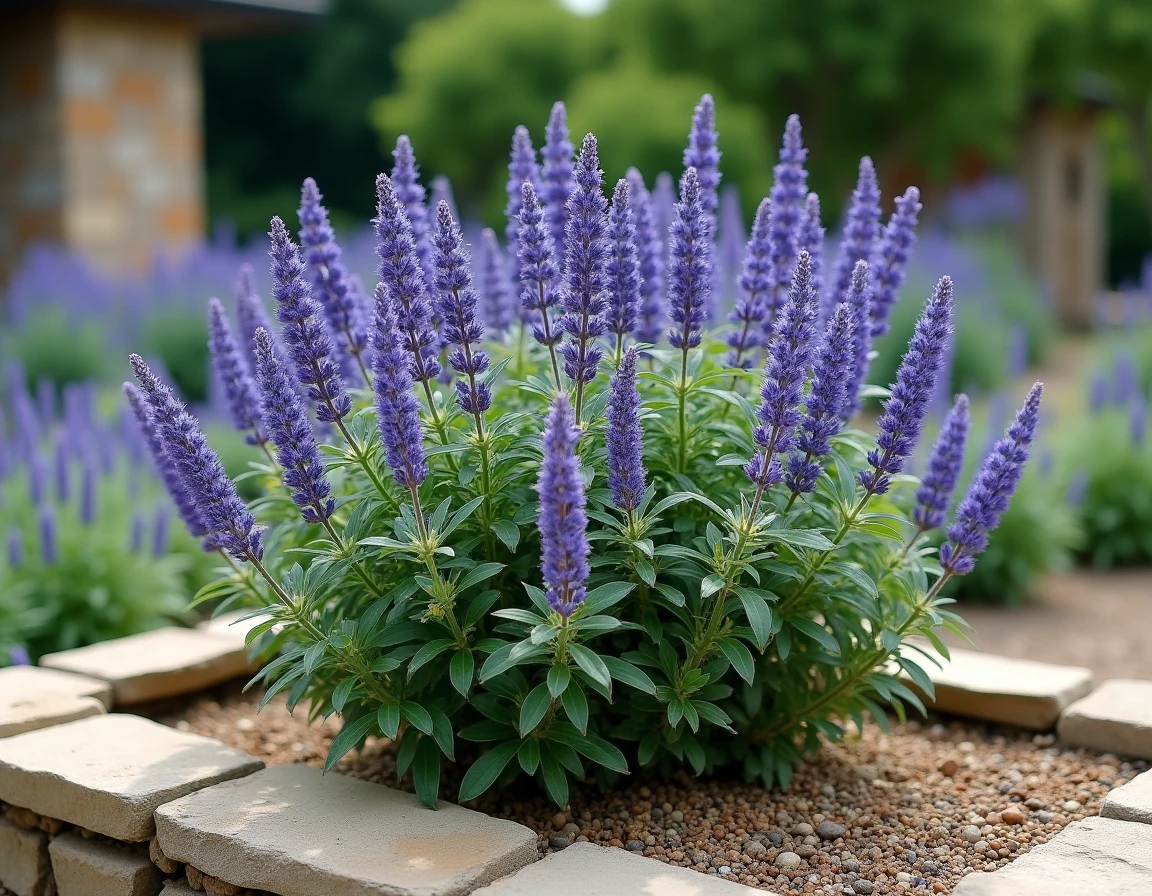 Sauge arbustive bleue bien taillée en pleine floraison dans un jardin d'herbes aromatiques avec repousses visibles