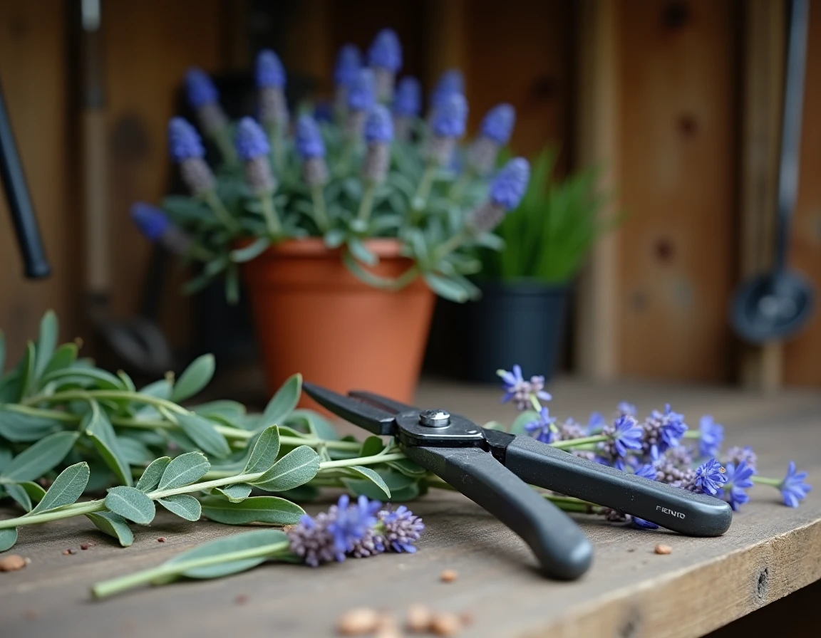 Sécateur de jardinage posé sur des tiges coupées de sauge arbustive bleue sur un établi rustique en bois