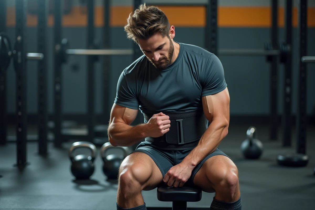 Sportif ajustant sa ceinture de musculation dans une salle de sport avant une séance d'entraînement