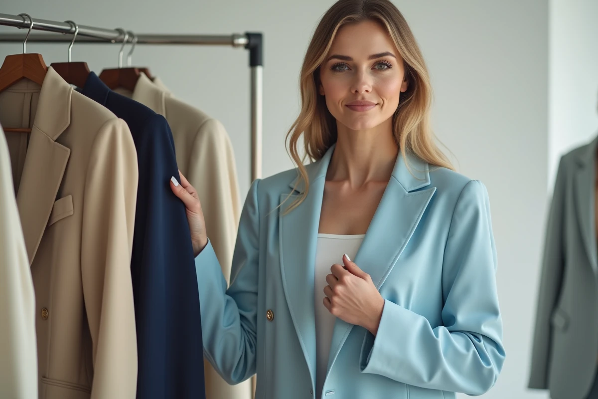 Styliste professionnelle choisissant une tenue élégante sur un portant de vêtements dans un studio parisien