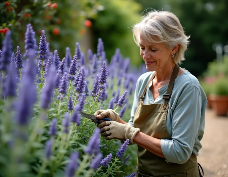 Femme jardinière taillant une sauge arbustive bleue en fleurs dans un jardin de cottage avec des cisailles de jardinage