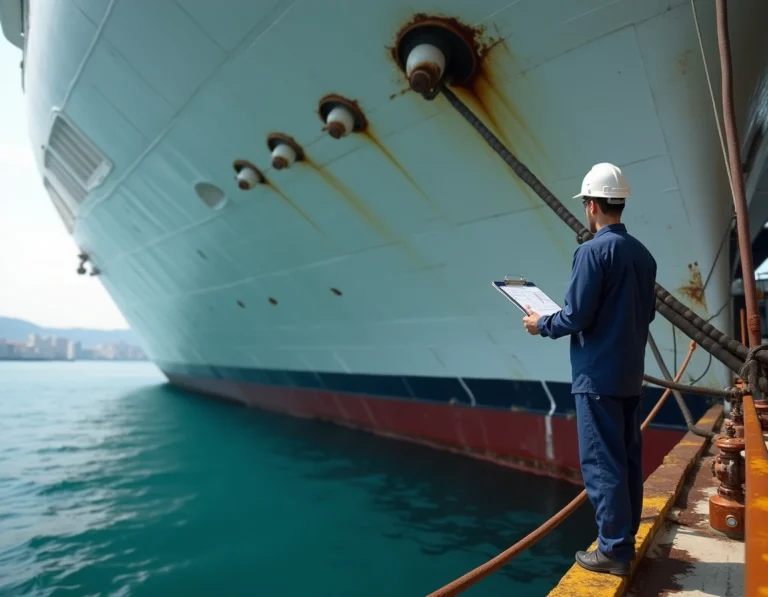 Technicien maritime inspectant les conduits d'eaux usées sur la coque d'un paquebot de croisière amarré au port