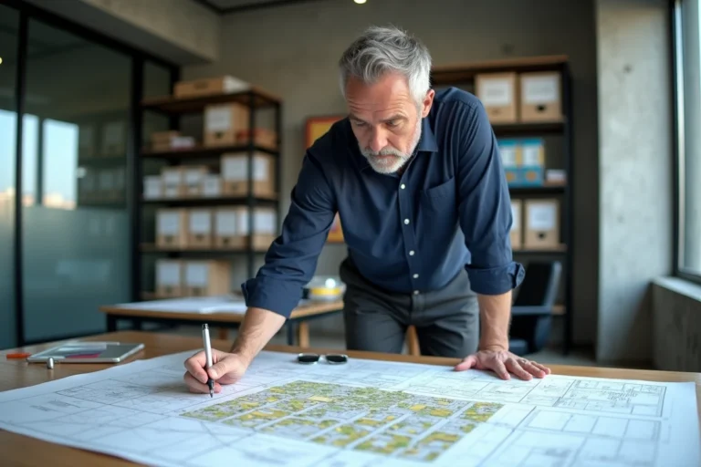 Urbaniste consultant des documents de zonage PLU et RNU sur une table de bureau municipal