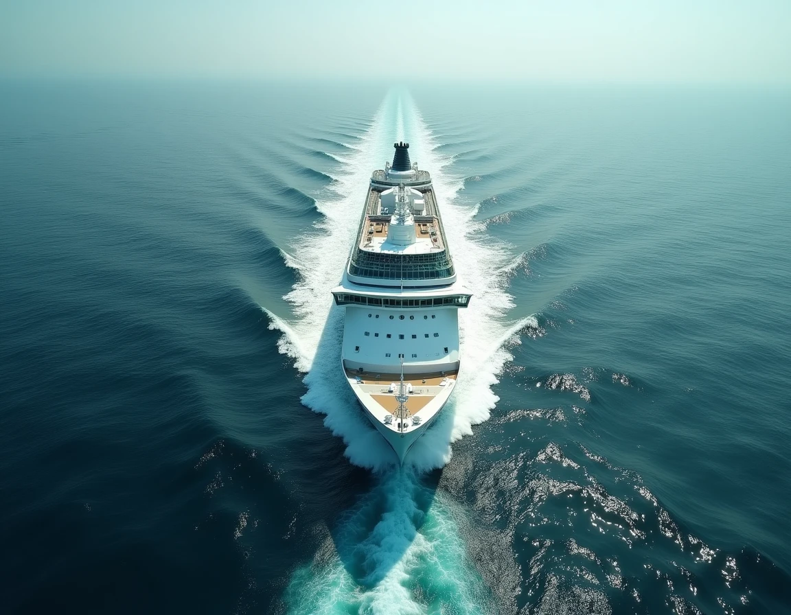 Vue aérienne d'un paquebot de croisière en mer avec son sillage illustrant le rejet et traitement des eaux à bord